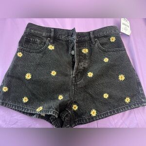PacSun beautiful Black Denim Shorts with Yellow Floral Design
